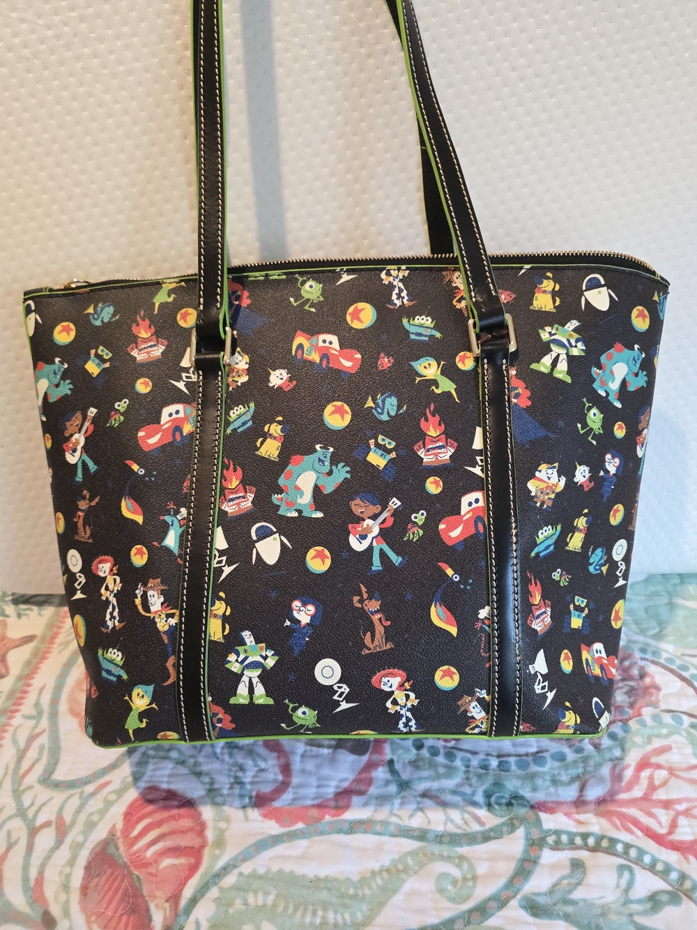 Dooney & Bourke Black Toy Story Print Tote with Neon Green Trim - Picture 4 of 14